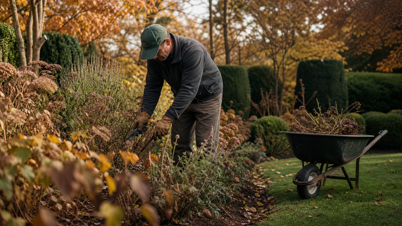 800×450 — autumn perennial garden being cut back, wheelbarrow