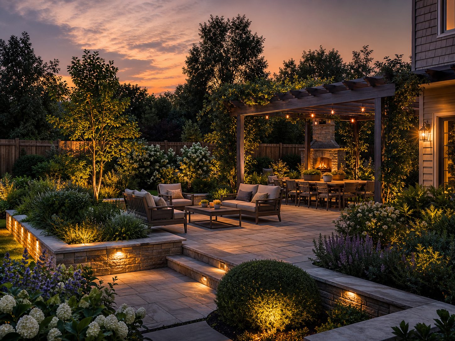 Photorealistic 3D rendering of a backyard design with stone patio and pergola, dusk lighting