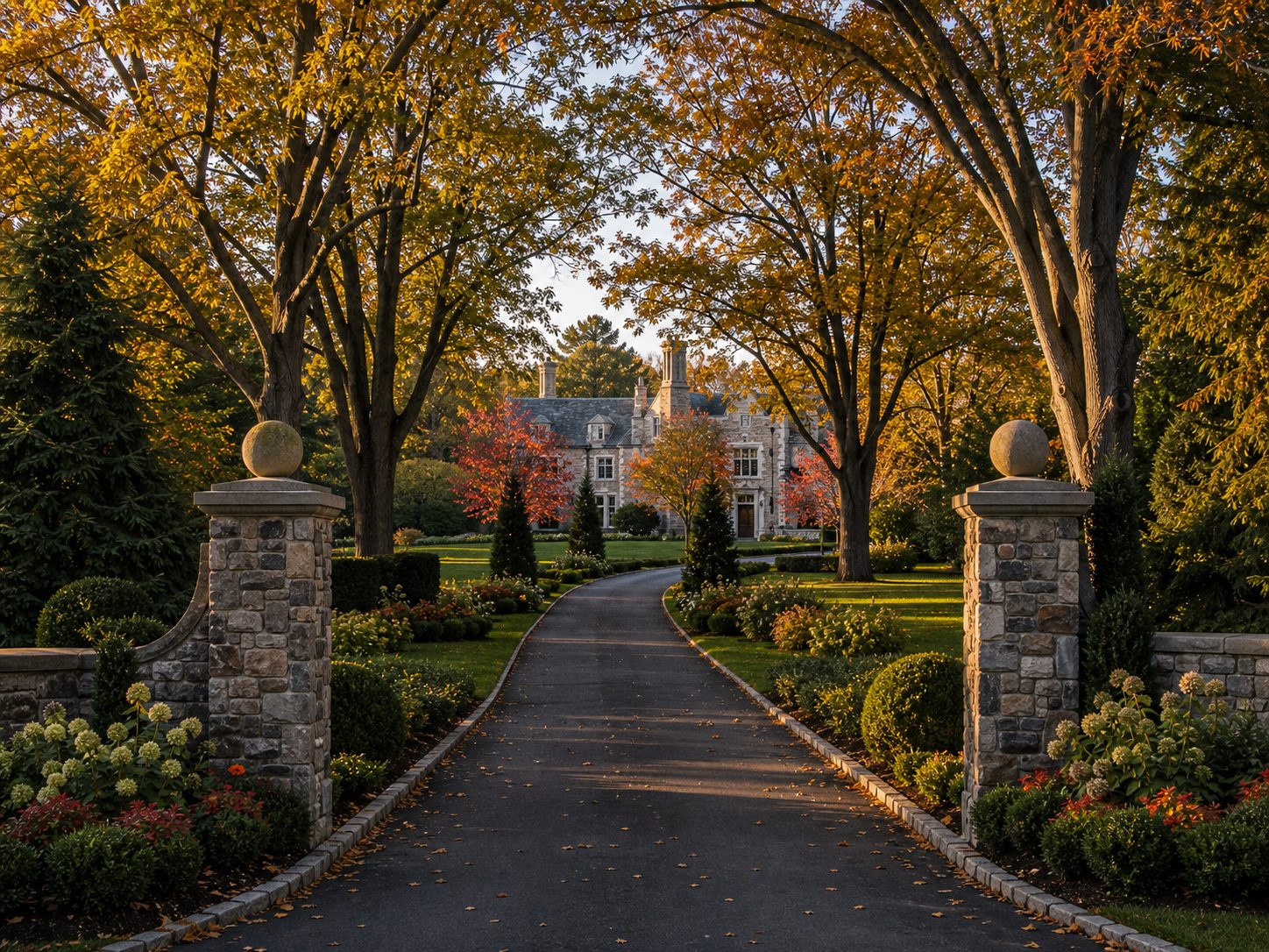 Stately Greenwich Connecticut estate with long tree-lined driveway, stone pillars, immaculate landscaping, autumn colors, luxury real estate photography