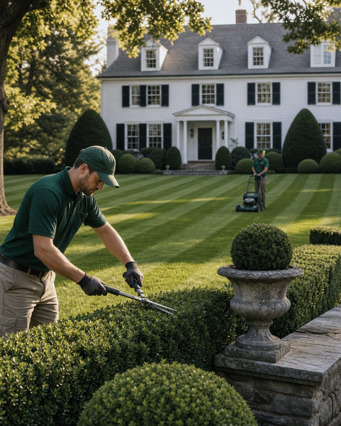 Uniformed grounds crew detailing a perfect estate lawn with crisp mowing stripes, one trimming a boxwood hedge, manicured colonial home behind, morning light