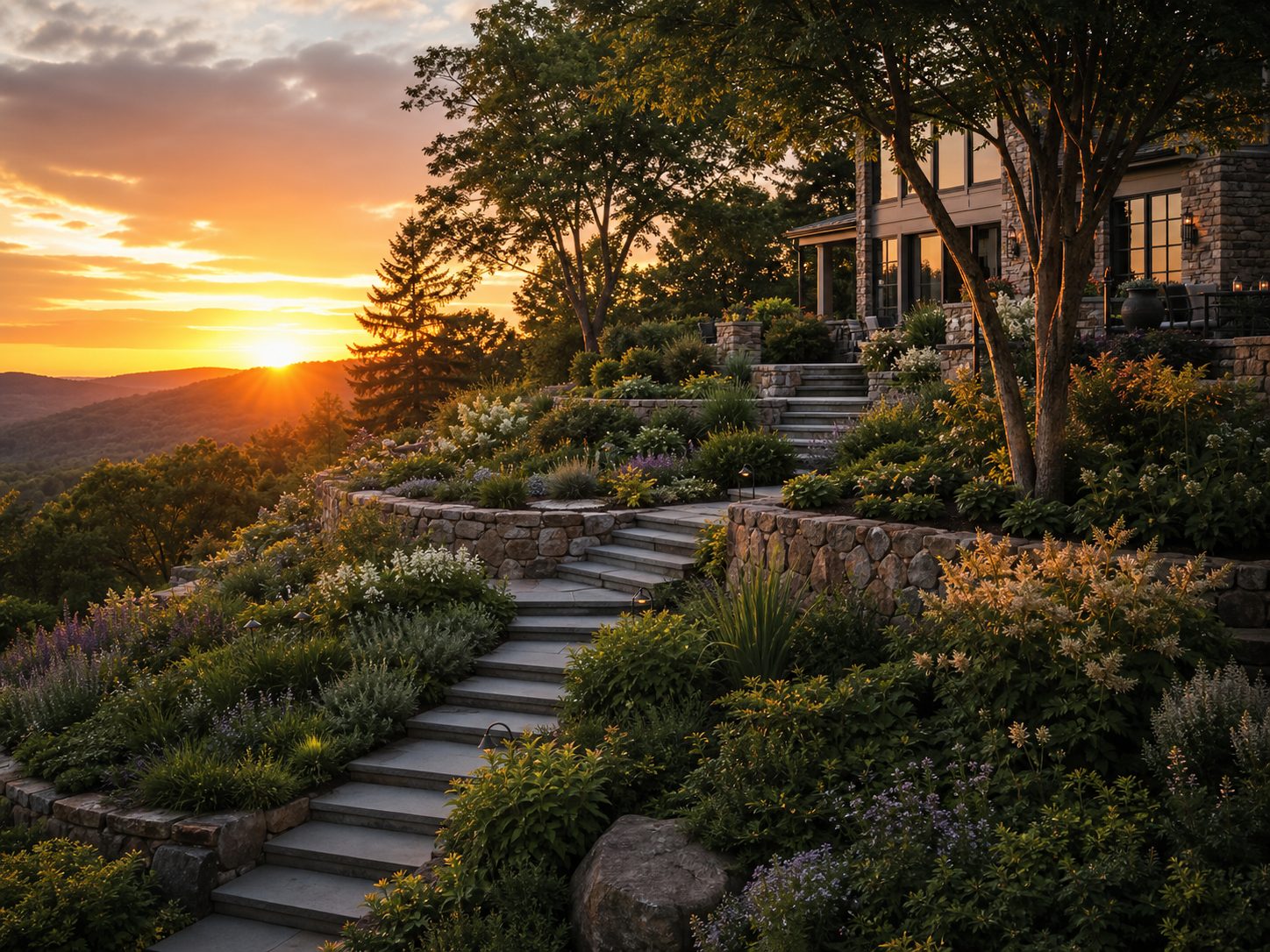 800×600 — hillside estate garden with stone terraces at sunset