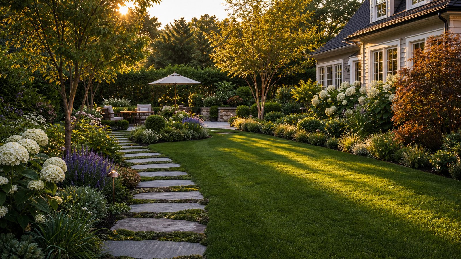 Lush completed landscape transformation with stone path, layered gardens and perfect lawn, golden hour AFTER shot