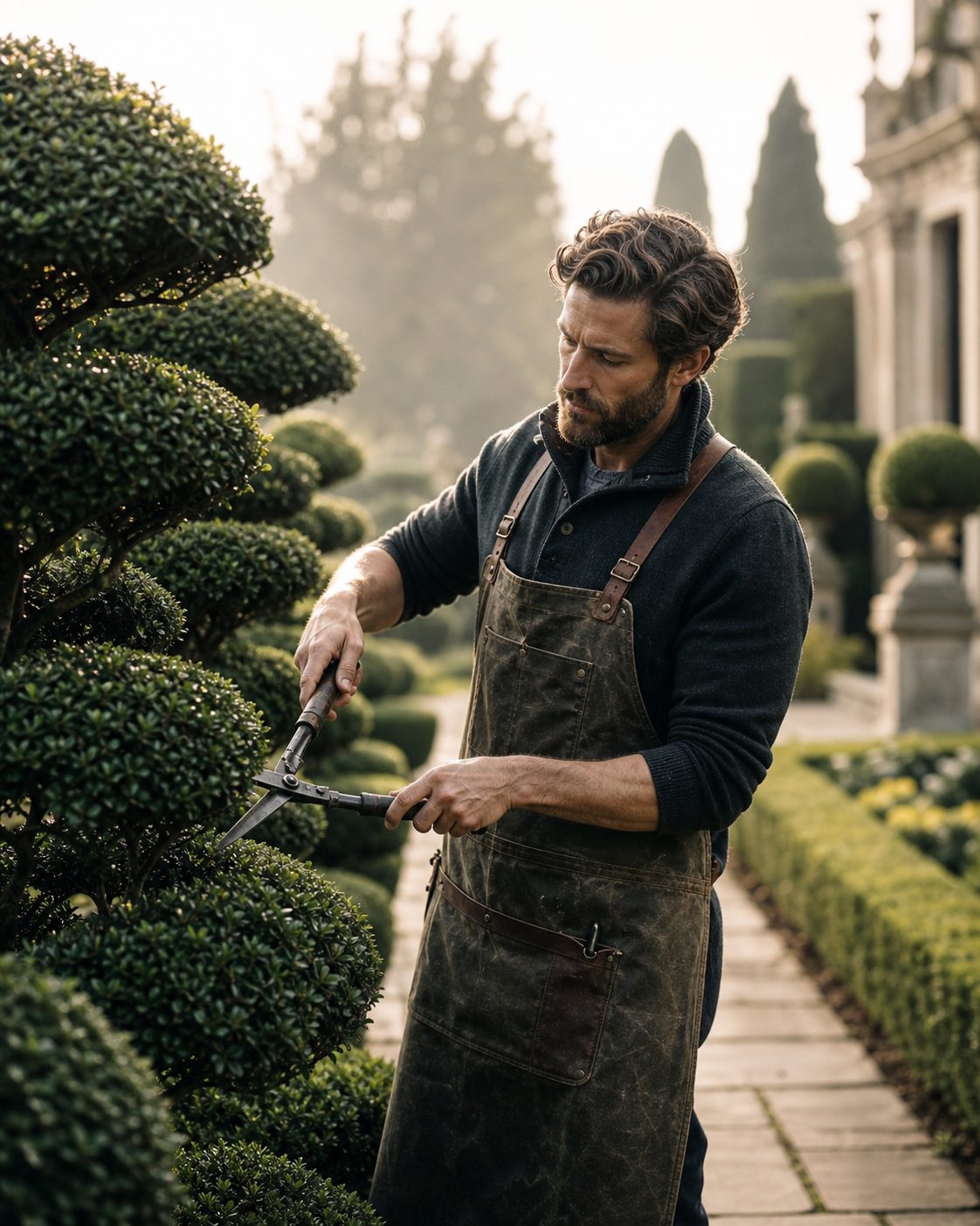 Master gardener in waxed canvas apron pruning a sculptural boxwood in an elegant formal garden, morning light, shallow depth of field, editorial photography