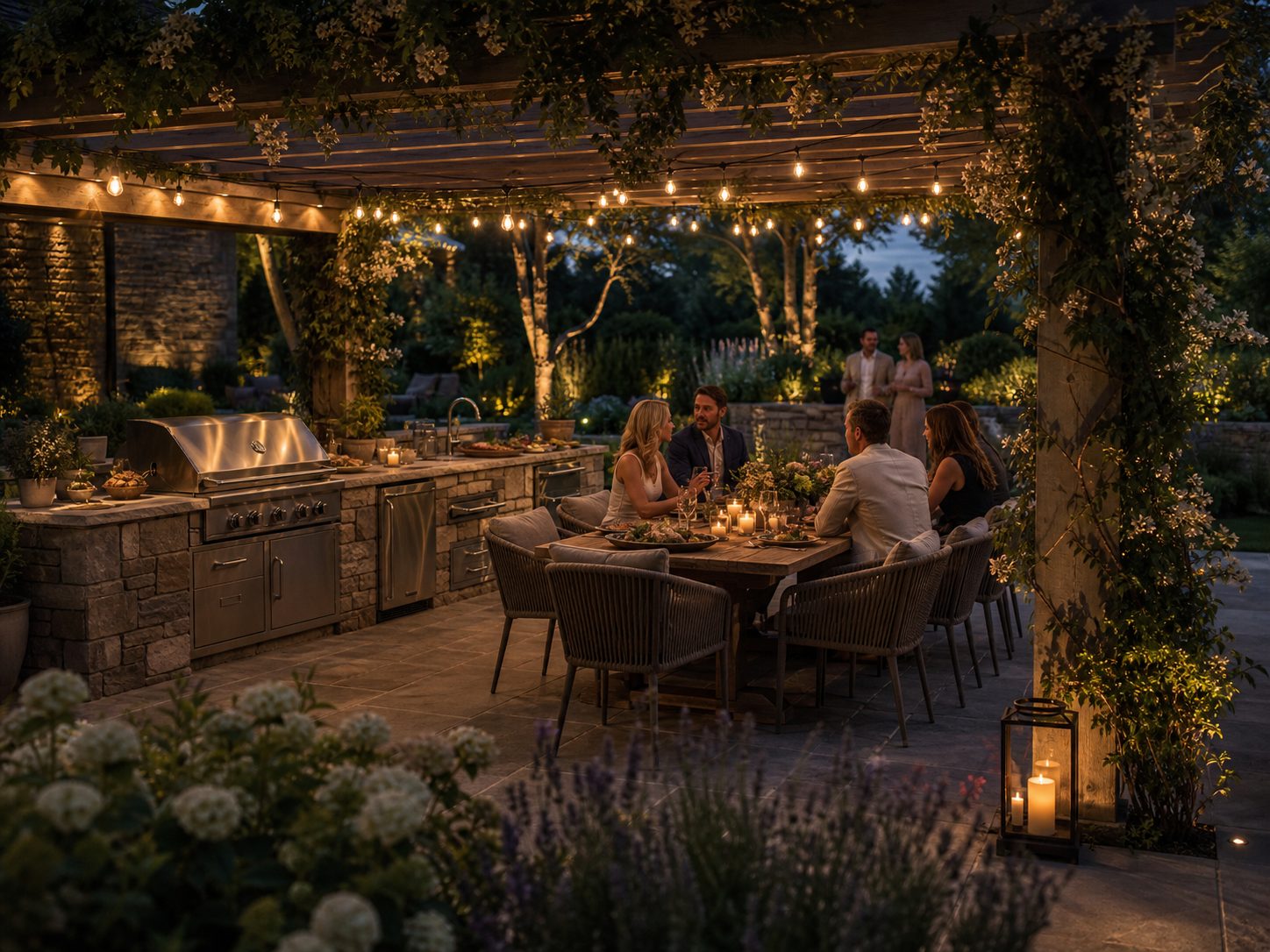800×600 — outdoor kitchen with pergola, evening dinner party