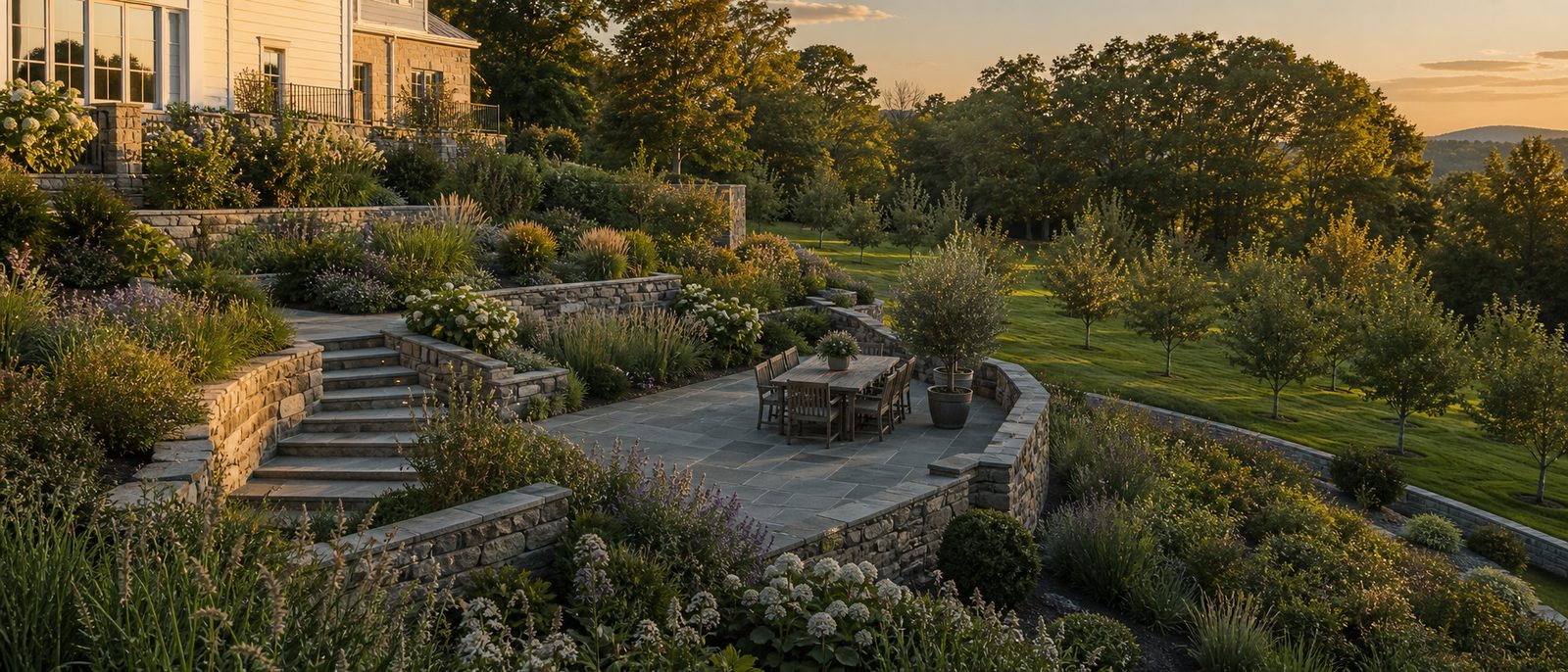 Sweeping ultrawide shot of a terraced hillside estate garden at golden hour — stone retaining walls, layered perennial beds, bluestone terrace with dining table, small orchard beyond, luxurious and serene