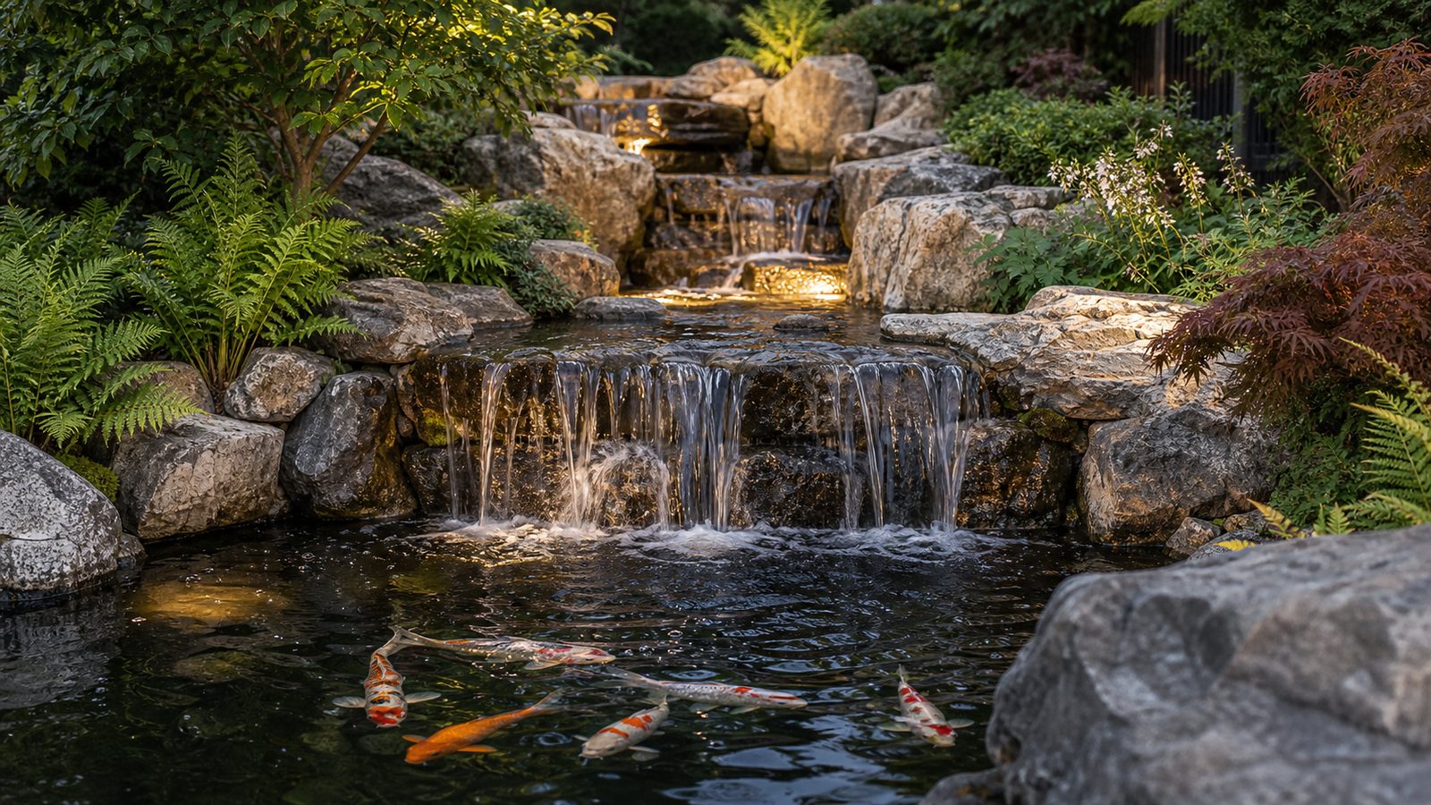 800×450 — natural stone waterfall feature into koi pond