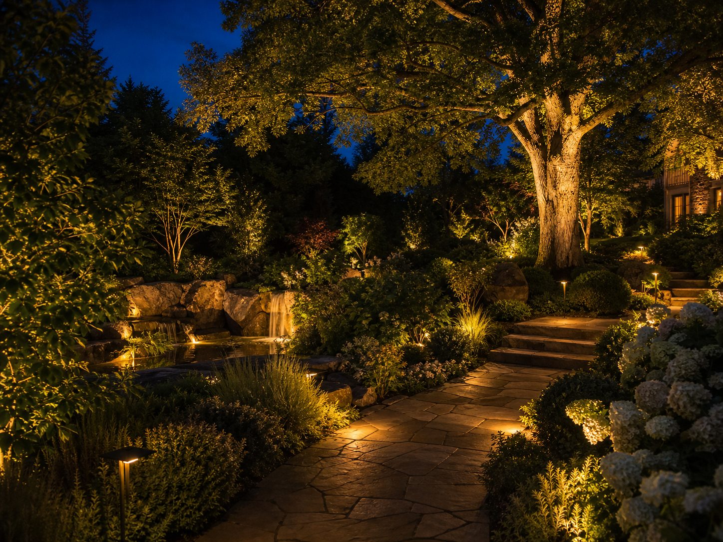 Magical estate garden at night with warm landscape lighting — uplit oak tree, glowing stone path, illuminated water feature, deep blue twilight sky, high-end lighting design