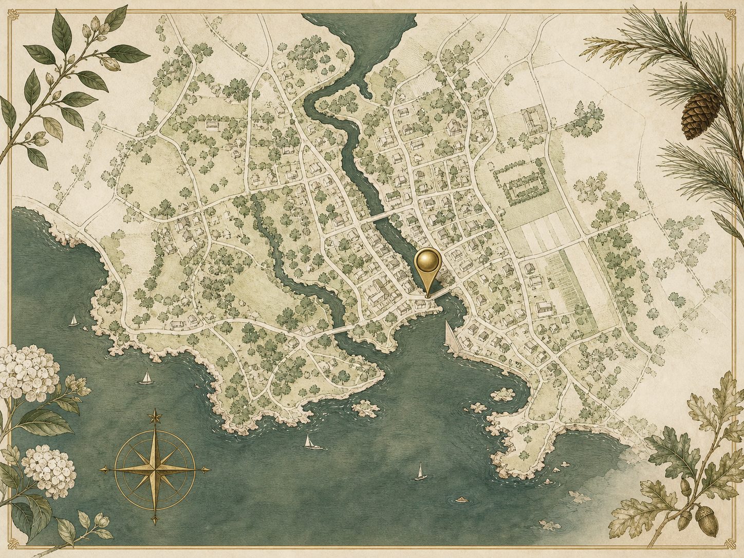 Stylized elegant map illustration of Westport Connecticut riverside studio location with a brass pin