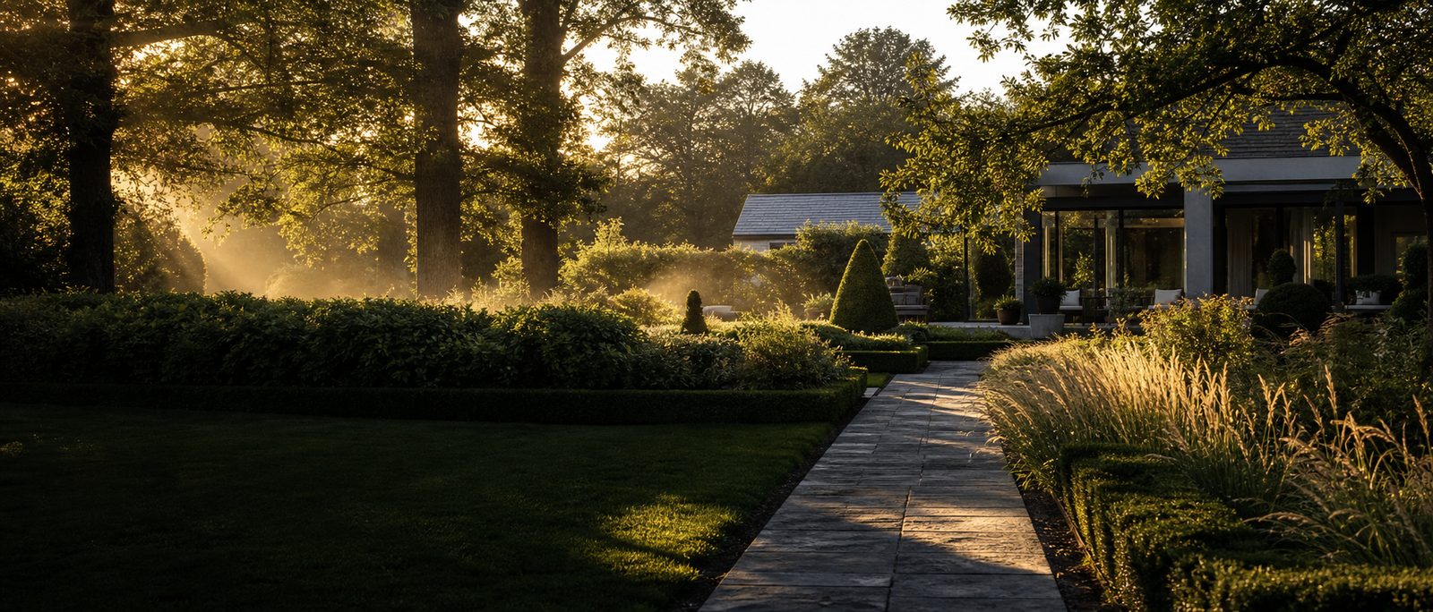 Ultra-wide cinematic photograph of a luxurious manicured estate garden at golden hour, natural stone pathway leading toward an elegant modern home, layered boxwood hedges, ornamental grasses, warm sunlight filtering through mature trees, soft mist, Architectural Digest style, photorealistic